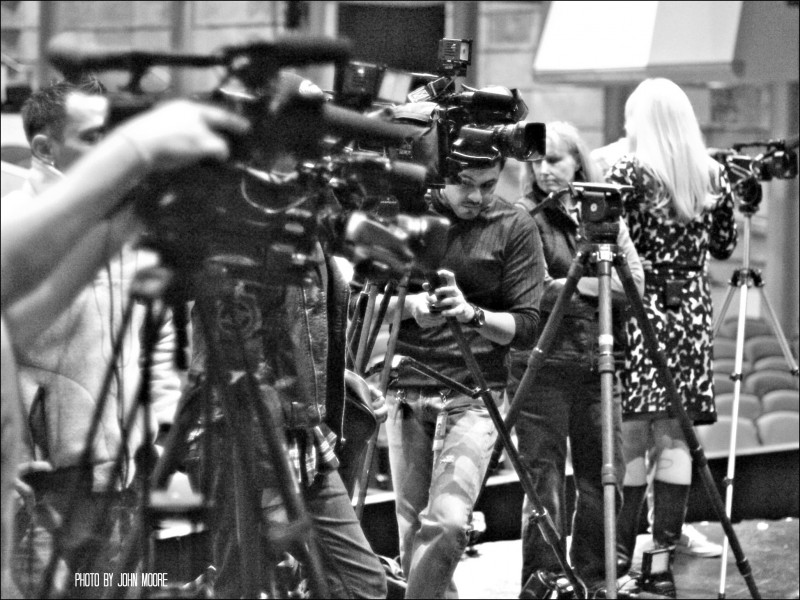 Television cameras set up on stage for an appearance by the "War Horse," Joey. Photo by John Moore. 