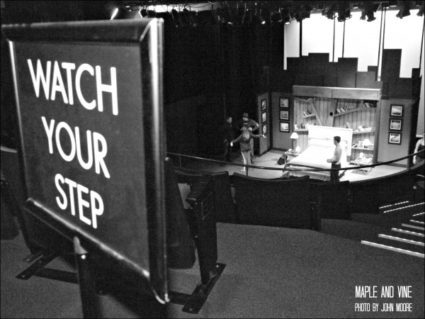 The view from the balcony as the cast continues its onstage warmups. Photo by John Moore. 