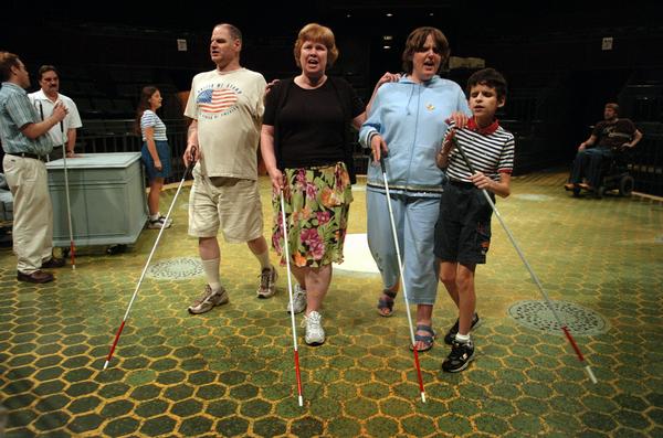 Ray Angel, left, joined fellow blind actors Linda Wirth, Julie Melton and Henry Reyes in "Urinetown" in 2007. File photo by Craig F. Walker, The Denver Post.